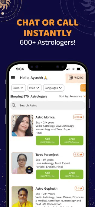 Bodhi astrologer card — chat or call with per-minute pricing, ratings, and experience