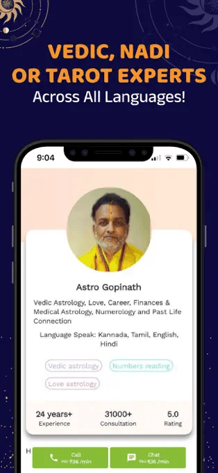 Bodhi astrologer profile — 24 years experience, 31,000+ consultations, 5.0 rating, language and specialty tags