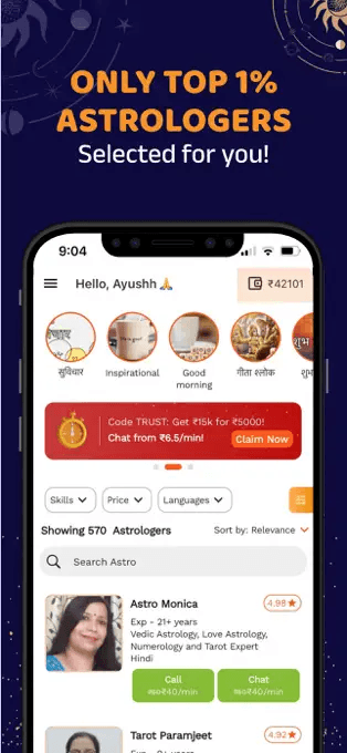 Bodhi home — astrologer listing with skill, price, and language filters