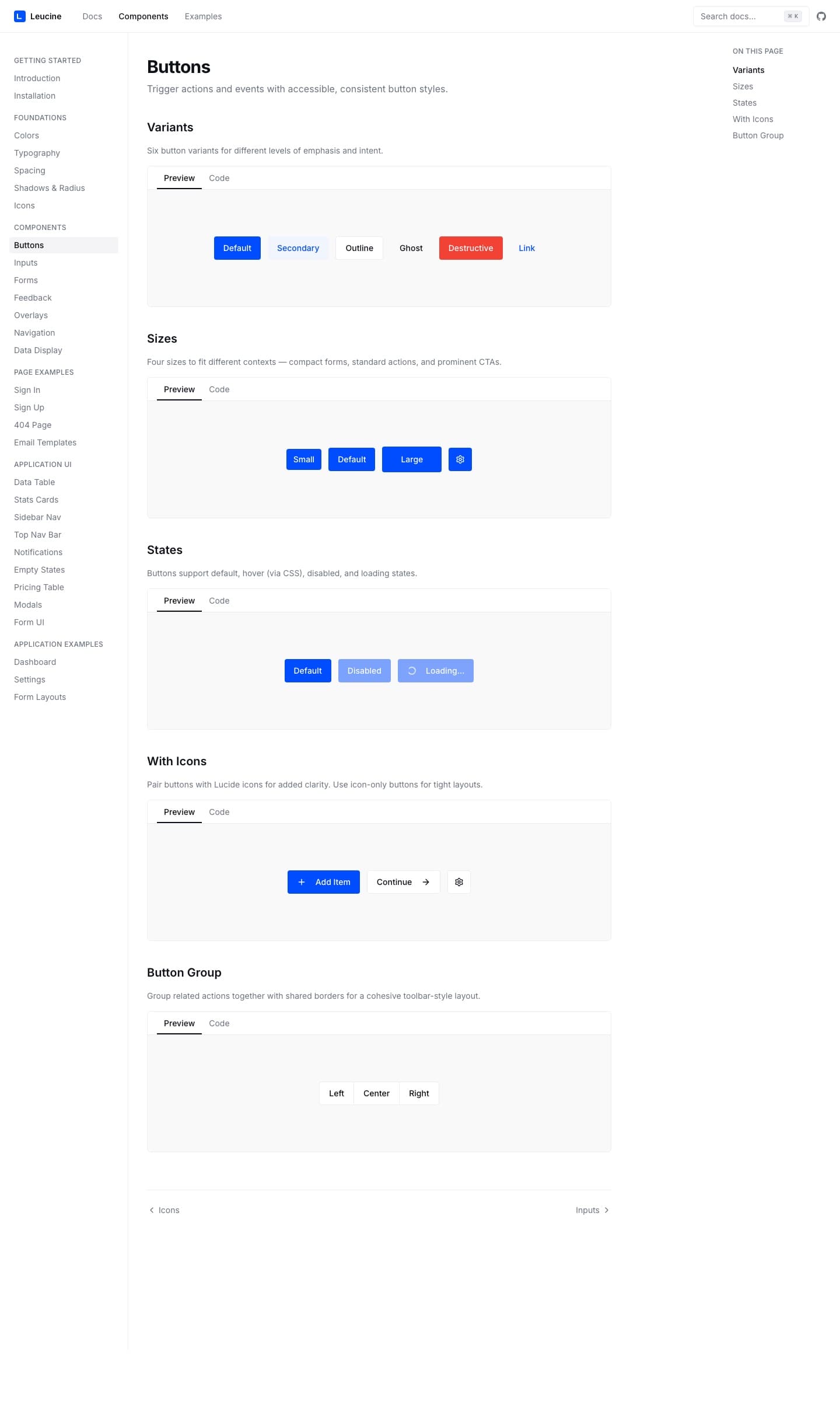Leucine DS components — preview + code tab toggle