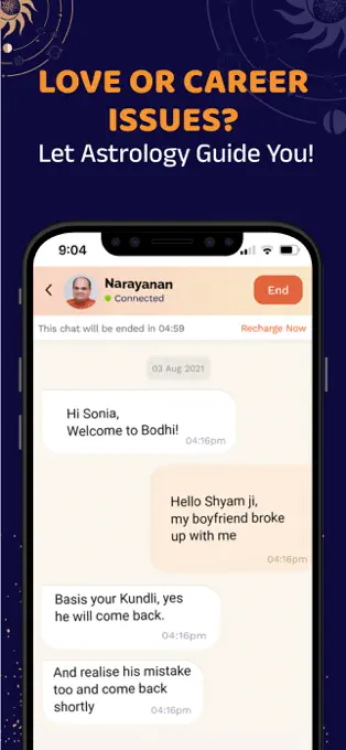Bodhi — consultation chat with minimal chrome, a quiet top-placed timer, and in-chat recharge.