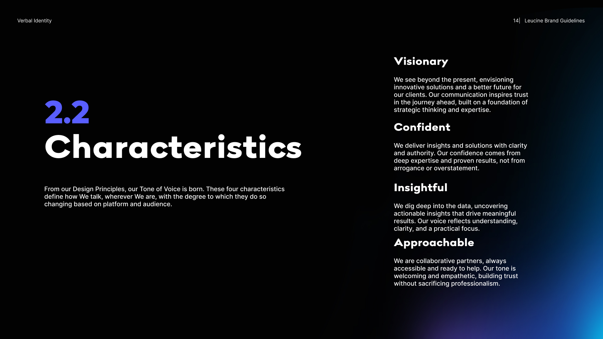 Four verbal characteristics overview: Visionary, Confident, Insightful, Approachable