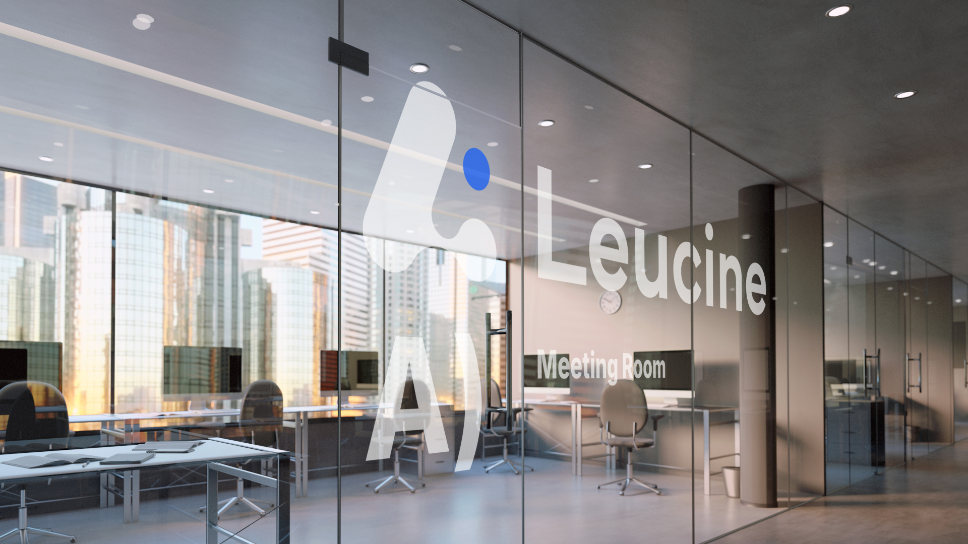Glass office meeting room branding — frosted Leucine symbol with city view through divider