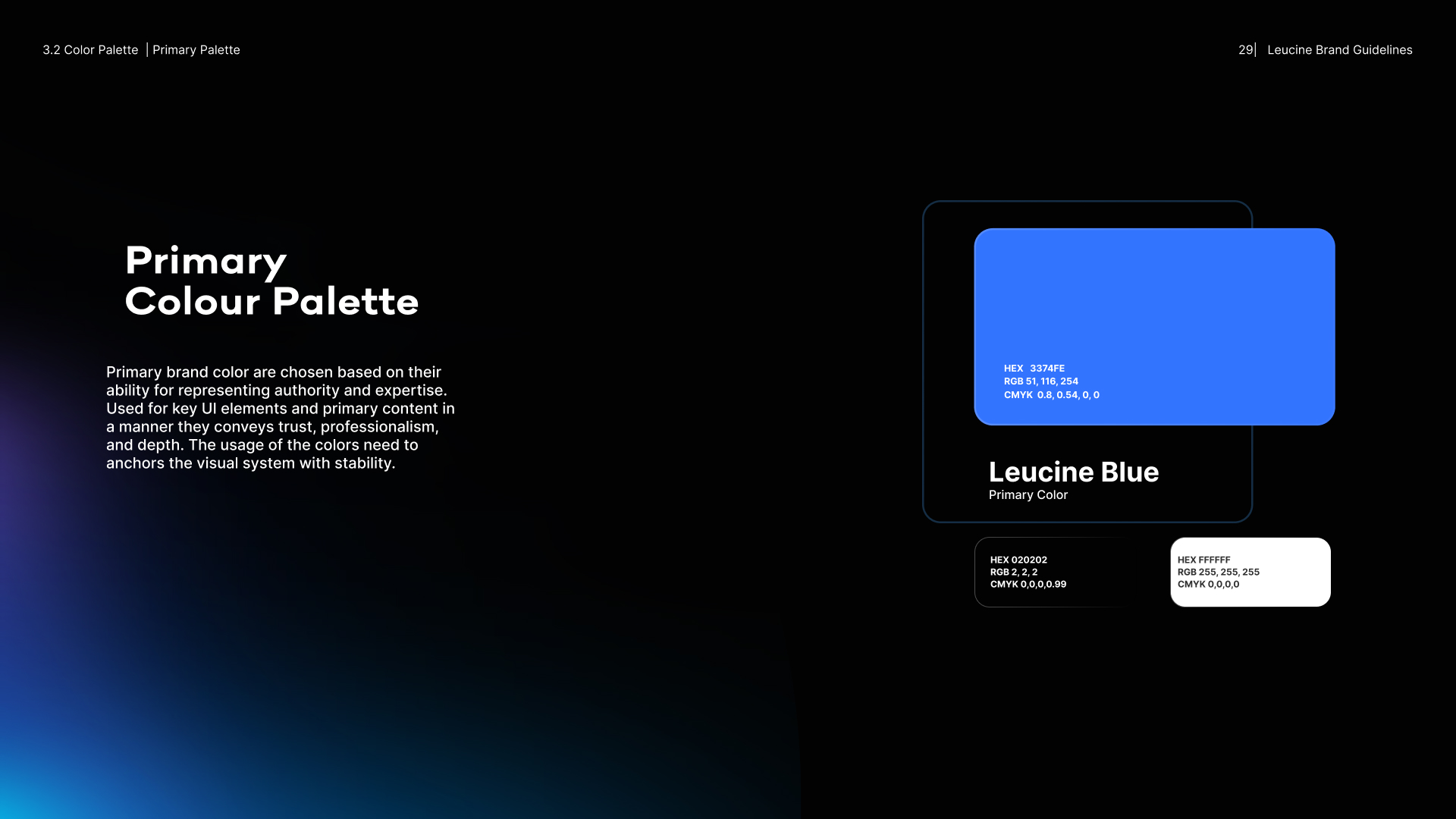 Primary color palette — Leucine Blue 3374FE with black and white anchors