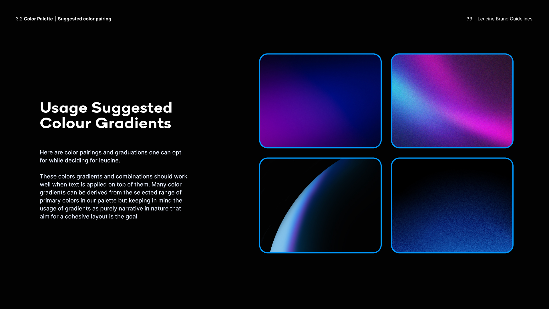Suggested gradient usage — deep-space gradients derived from the primary palette
