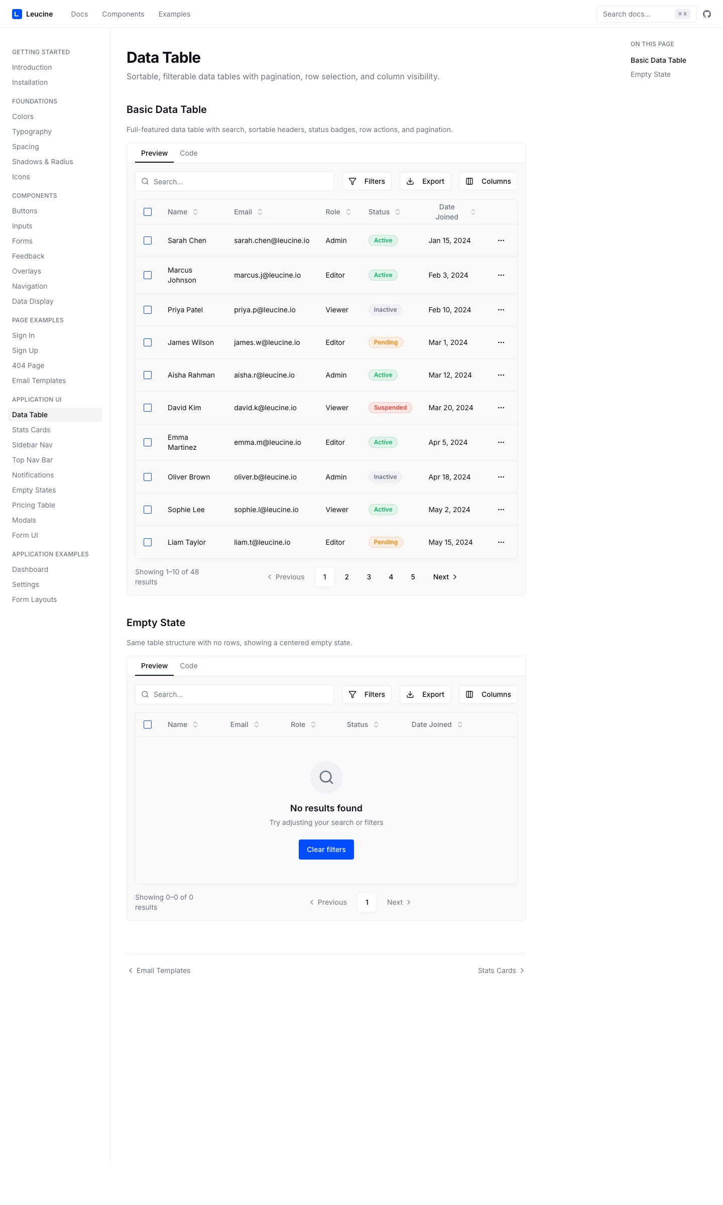 Leucine DS — data table block, pre-composed