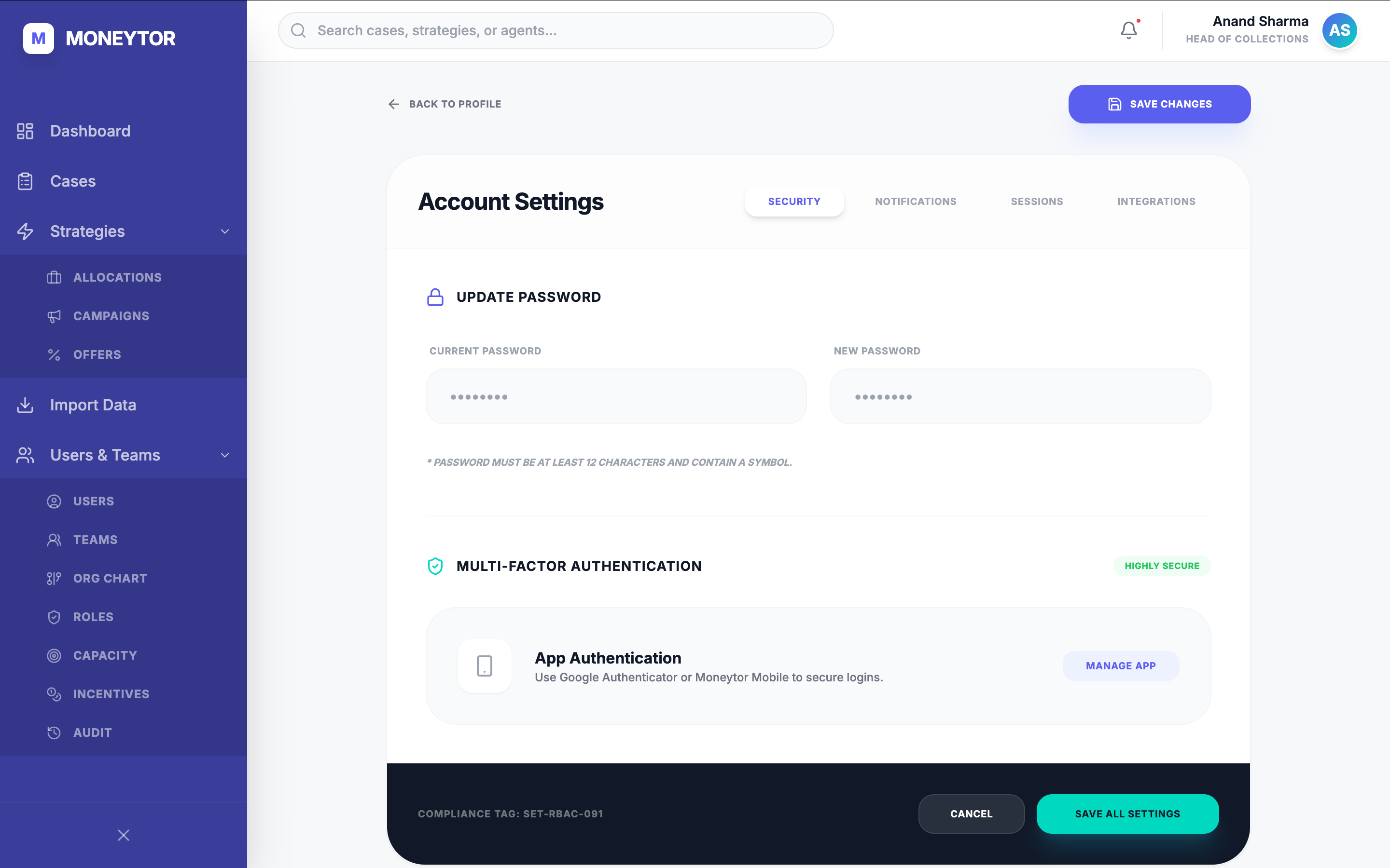 Account Settings — password, MFA, sessions