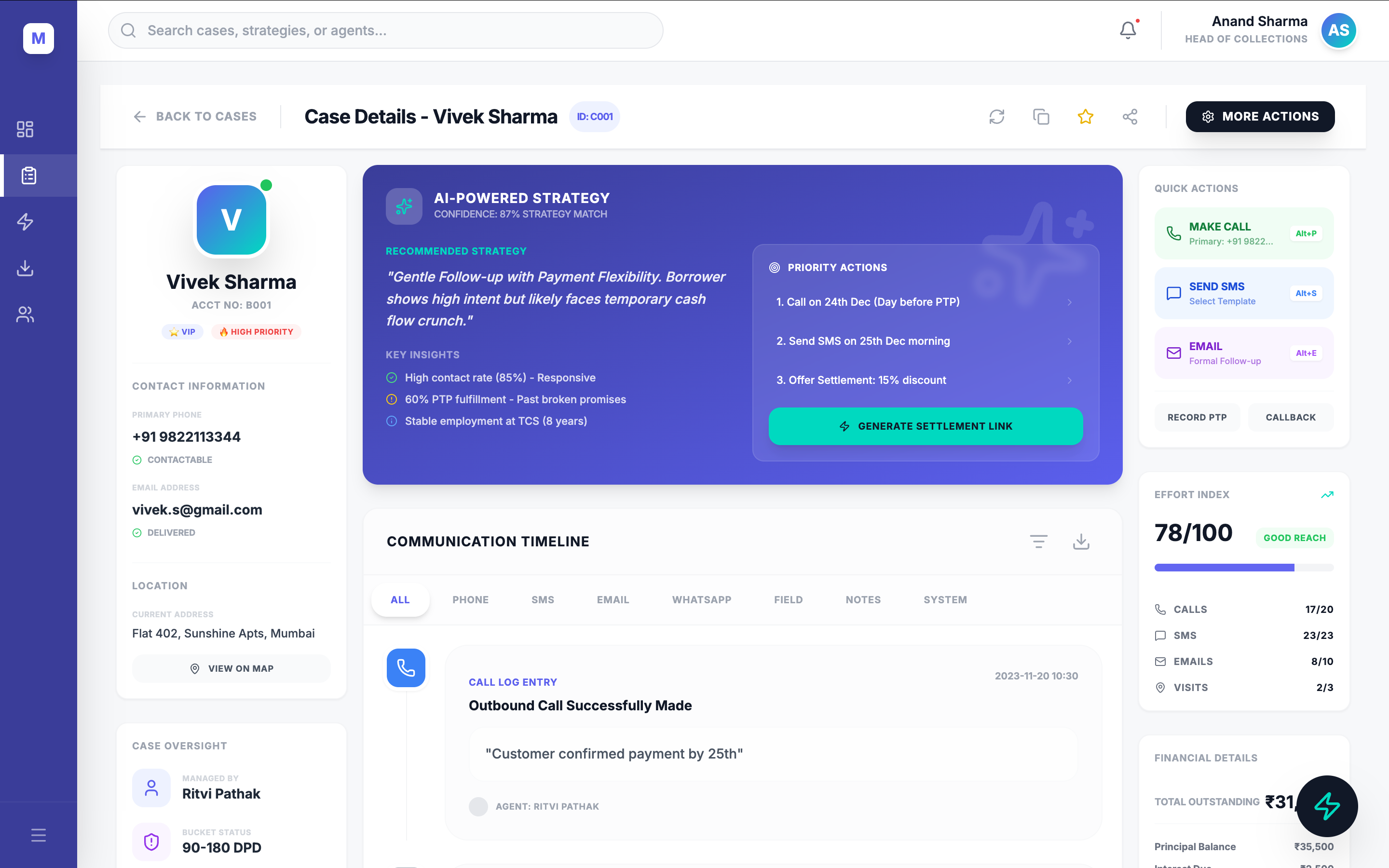 Case detail — AI Strategy panel and unified communication timeline