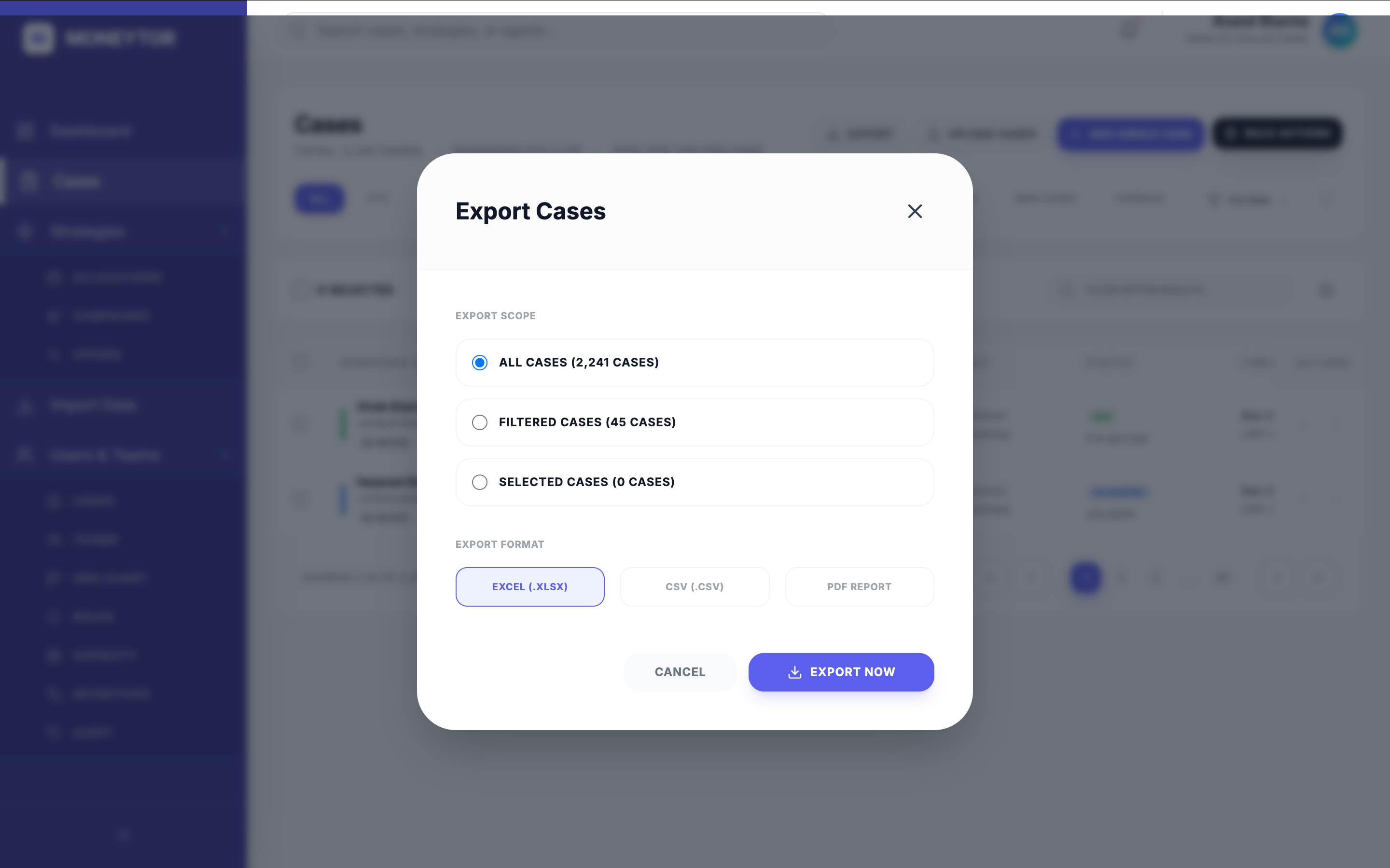 Export Cases — scope and format selection